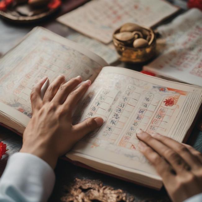 Hình ảnh một người đang xem lịch âm hoặc sách tử vi để xác định giờ tốt cho lễ ăn hỏi